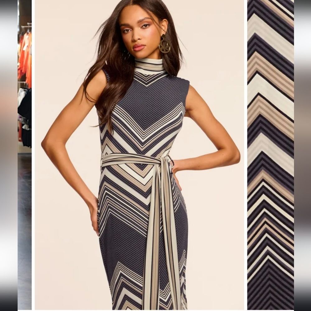 Ramy Brook Navy and Cream Chevron Midi Dress